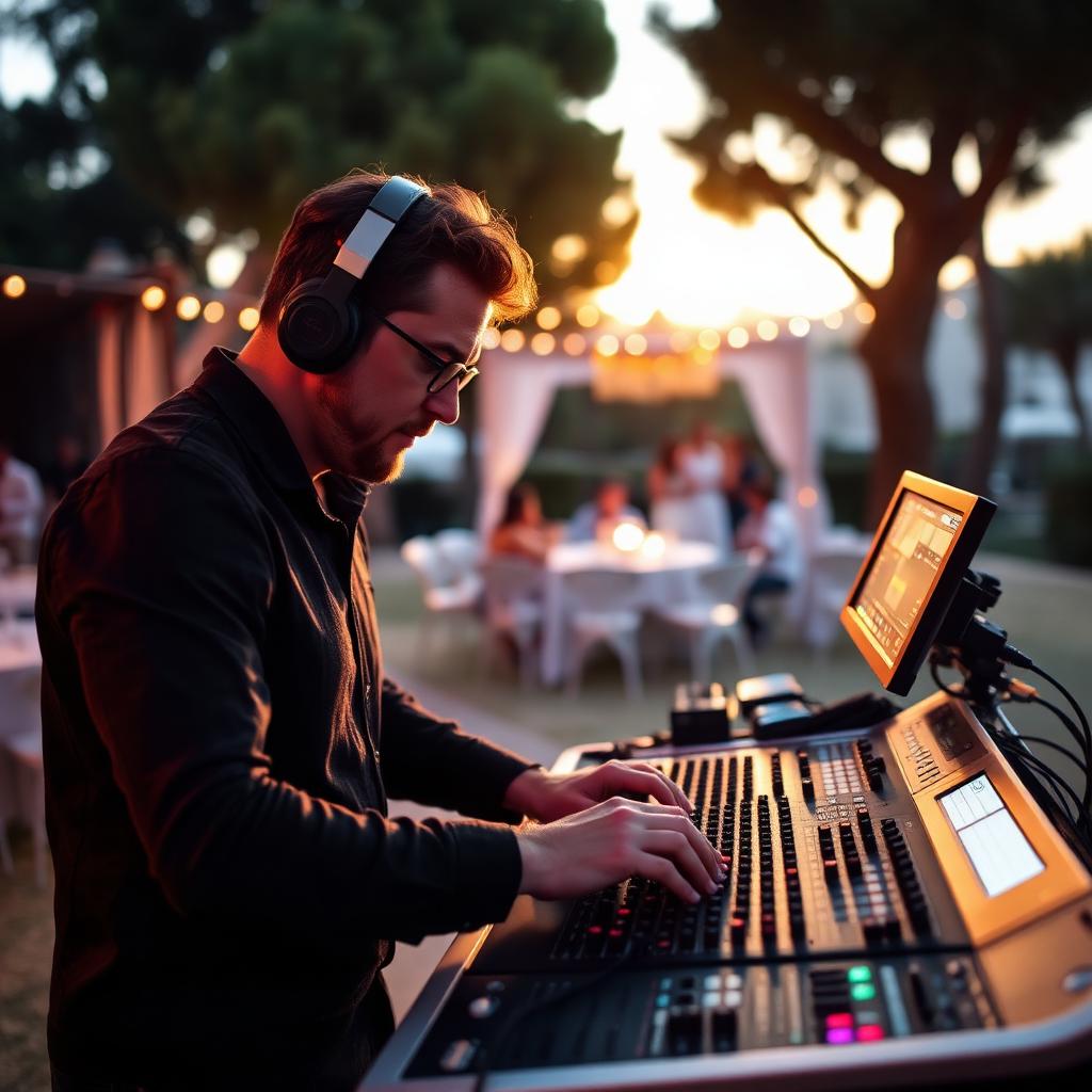 Techniker am Mischpult im Sonnenuntergang